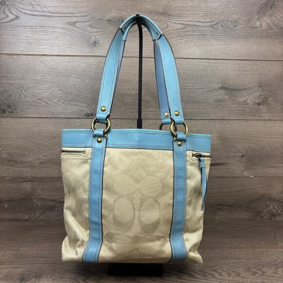Coach Work Tote Bag K0893-F13103 Khaki Blue Leather Trim Turnlock Front Pocket - Picture 2 of 15